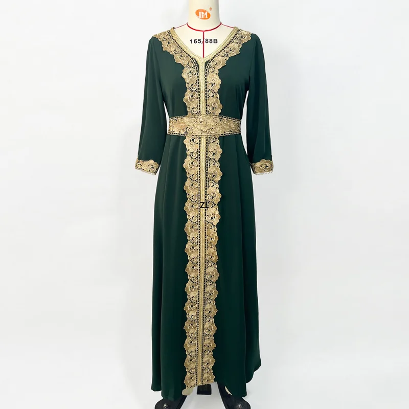 Double Layer Chiffon Asymmetric Maxi Dress for Women Corban Eid Al Adha 2023 Chic Lace Trim V Neck Long Sleeve Arab Dubai Robe