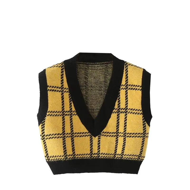 Американский уличный желтый клетчатый вязаный жилет женский короткий с глубоким