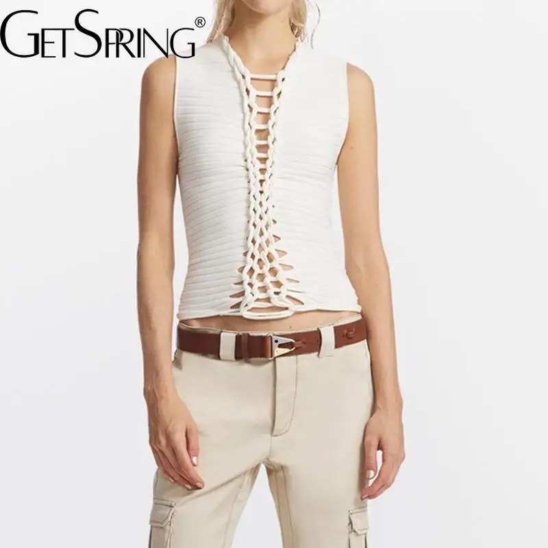 

GetSpring Women Vest Fashion Hollow Out Sleeve Knitted Vest Summer Twist Knot Slim Sexy Top Solid Short Female Summer Waistcoat