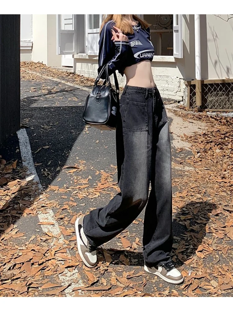 HOUZHOU Vintage Grunge Baggy Black Jeans Women Y2K Hip Hop Wide Leg Denim Pants Harajuku Retro Streetwear High Waist Bottoms