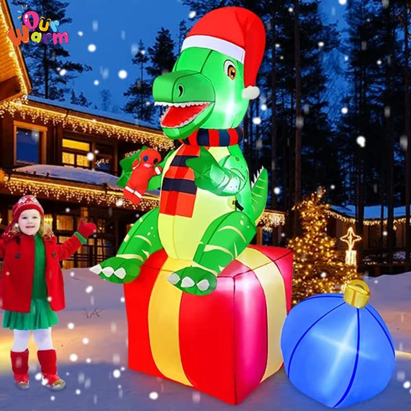 Ourwarm 6FT Dinosaur Christmas Inflatable Outdoor Decoration With Xmas Hat Gift Box Little Monster Build-in LED For Garden Decor