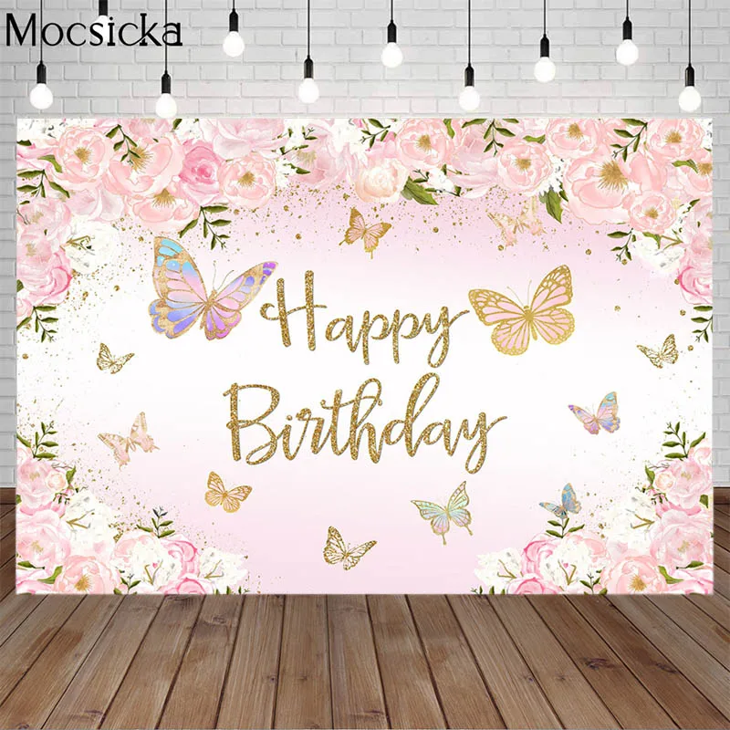 

Mocsicka фон для вечевечерние НКИ в честь Дня рождения, розовый цветок, Бабочка, ребенок, задний фон, торт, украшение стола, реквизит