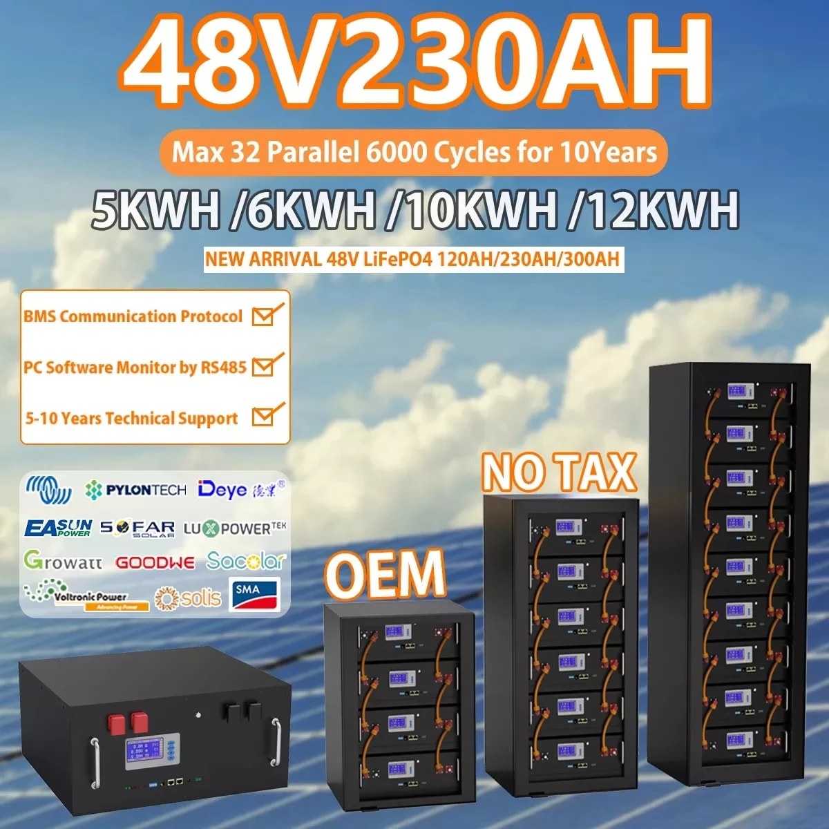 

LiFePO4 48V 230Ah 200Ah 100Ah Battery Pack 51.2V 12Kw 10Kw 6000 Cycle Max 32 Parallel PC Monitor Inverter Battery With CAN RS485