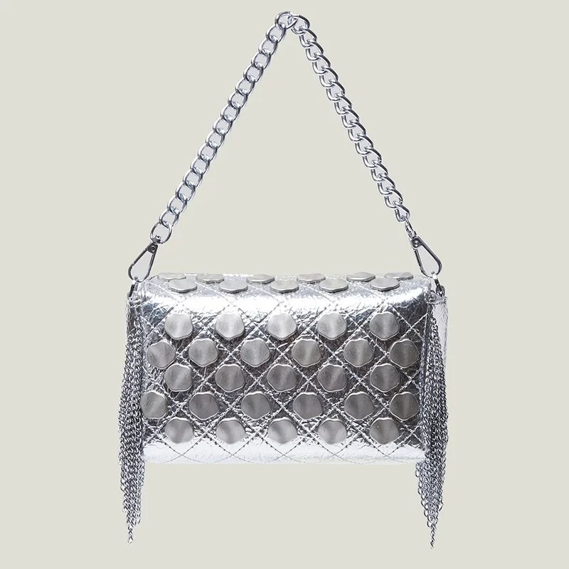 

Tassel Sequin Single Shoulder Bag Silver Rhombic Suture Chain Handbag Fashion Simple Women's Bag Luxury Designer Evening Purse