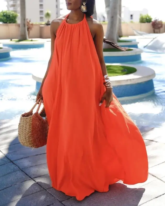 

Summer Dresses for Women 2022 Casual Fashion Plain Halter Backless Sleeveless Maxi Tied Detail Swing Vacation Dress