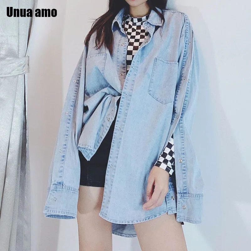 Off-shoulder Shirts for Women Long Sleeve Hollow Out Denim Shirt Spring Summer Casual Oversized Jeans Jackets Tops Chemise Femme