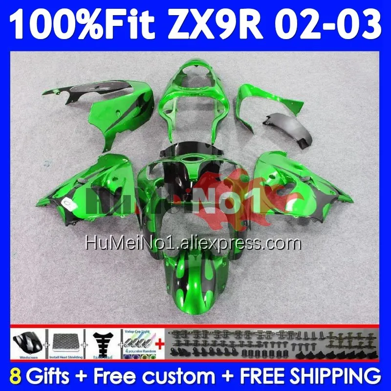 OEM Корпус для KAWASAKI NINJA ZX-9R ZX 9R 900 CC 9 R 215No.78 ZX900 ZX9 900CC ZX9R 02 03 2002 черно-зеленый 2003