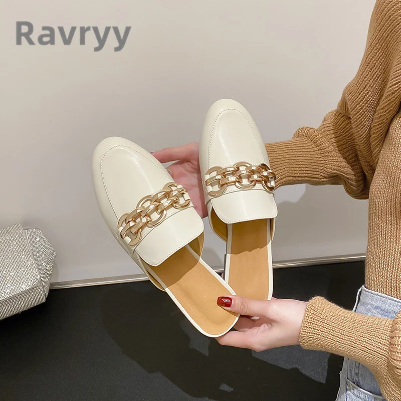 

Женские мюли на низком каблуке, универсальные туфли из натуральной кожи с круглым носком и металлической цепочкой, весна-осень 2023