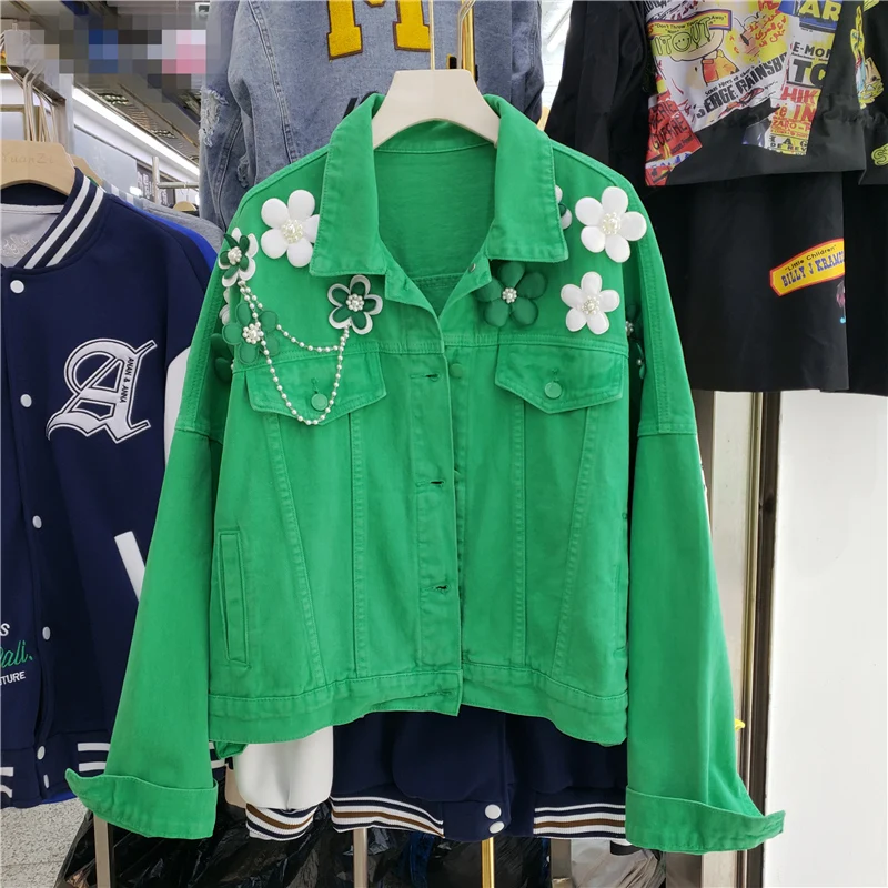 

Loose Spring/Autumn Vintage Nail Bead 3d Flower Embroidery Green Short Outerwear & Coats Female Tops Denim Jacket Women Clothing