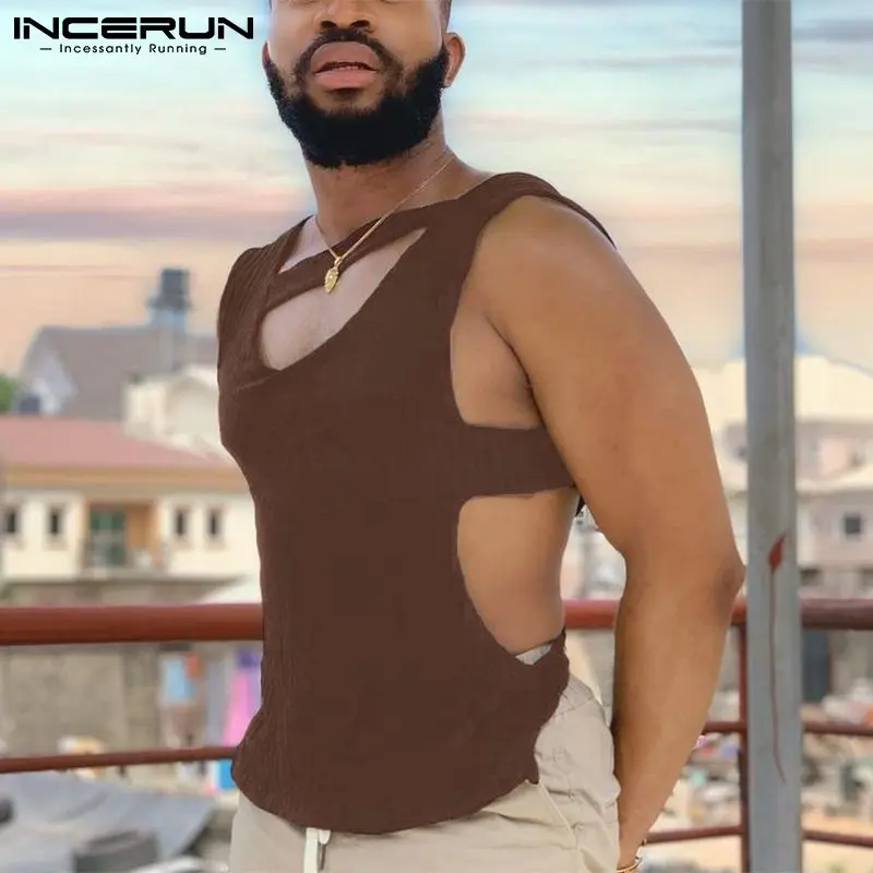 

Майка INCERUN мужская с V-образным вырезом, однотонная Асимметричная безрукавка с вырезами, сексуальная безрукавка для отпуска, 2022