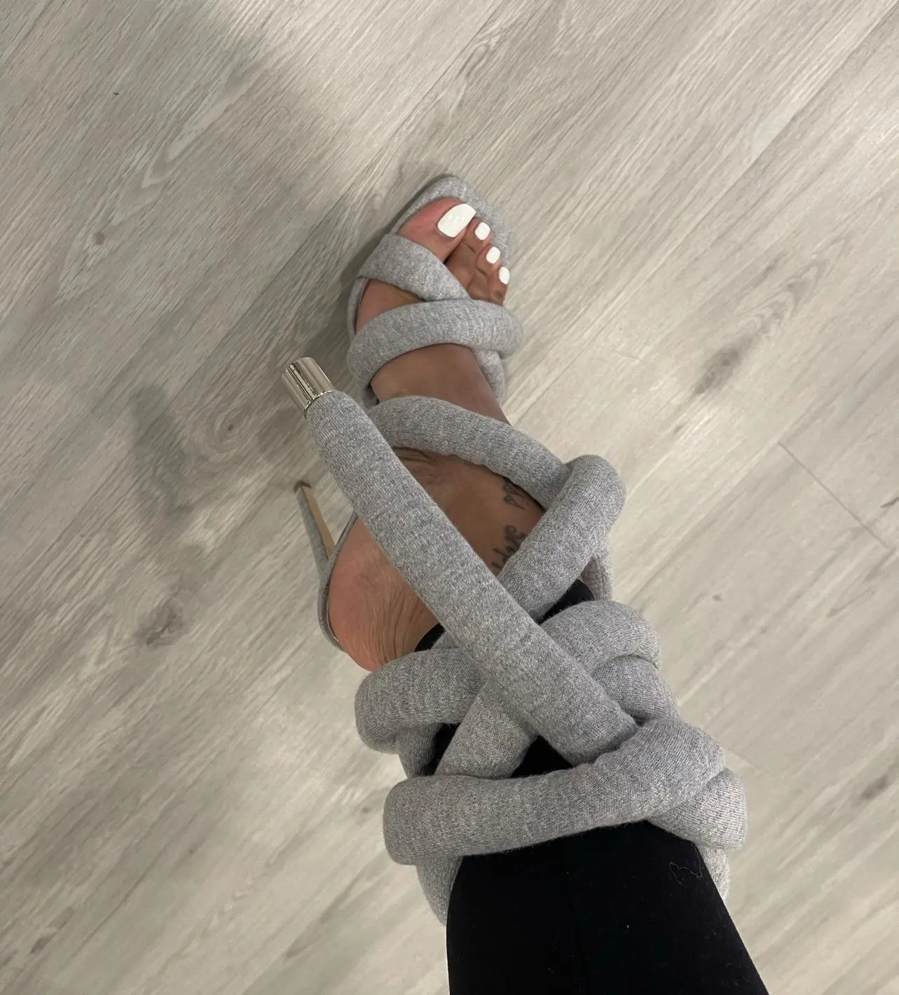 Grey Knit Lace Up Strappy Thin High Heel Sandals Women Summer Sexy Square Open Toe Cloth Rope Stilettos Sandals Female Shoes