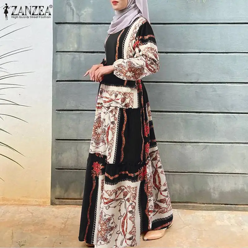 2022 ZANZEA мусульманские платья с цветочным принтом с высокой талией Тонкий женский сарафан с длинным рукавом элегантное платье с круглым выре...