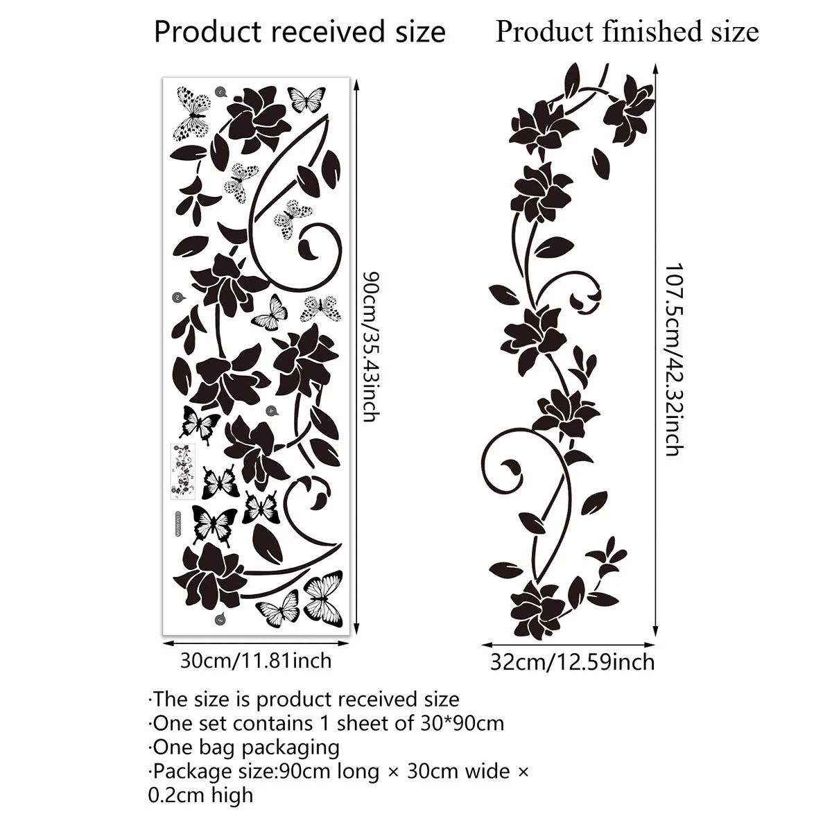 

Черная цветочная наклейка на стену с бабочками