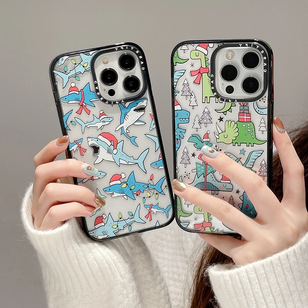 

CASETIFY Christmas Dinosaur Shark Phone Case for Iphone 11 12 13 14 Pro Max Plus SE 2020 Y2k Girl Gift Transparent Painting