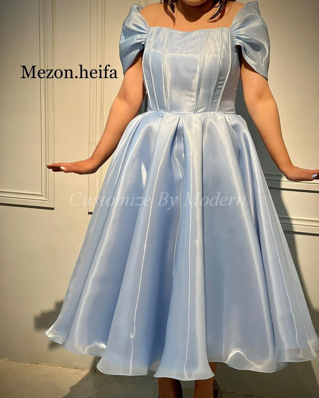 

Light Blue Long Prom Dresses A-Line Strapless Capped Sleeves Tea Length Saudi Arabic Women Prom Gowns Formal Party Dress