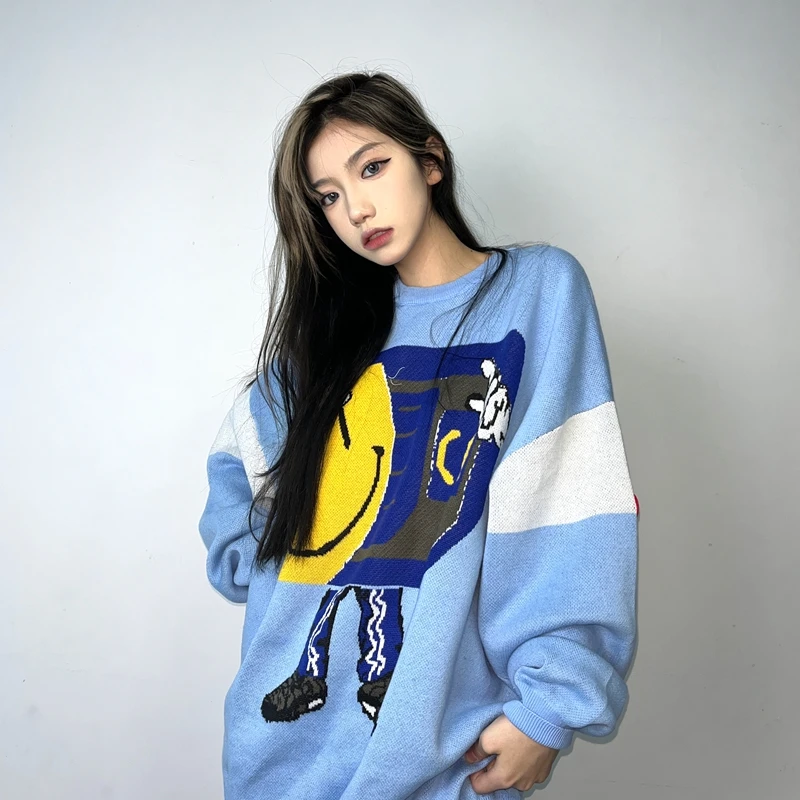 

Japan Style Cartoon Pac Man Wash Long Sleeved Sweater for Woman Japanese Fashion Loose Lazy Couple Pullover Blue Sweater Spliced