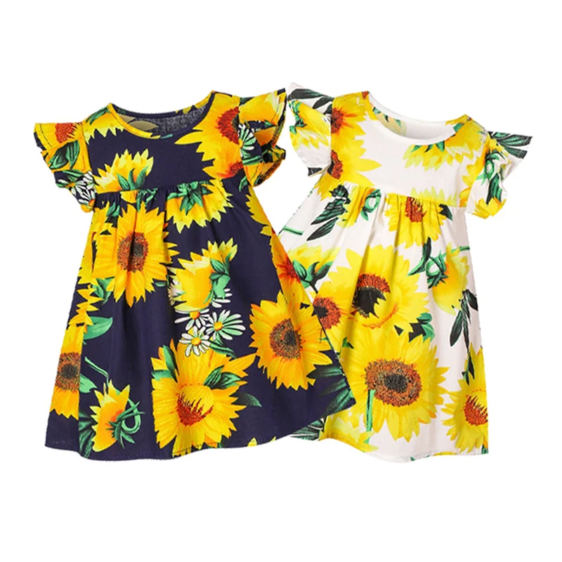 

2022 Summer Floral Dress Petal Sleeve Sunflower Print Kids Princess Dress Children Lovely Clothes