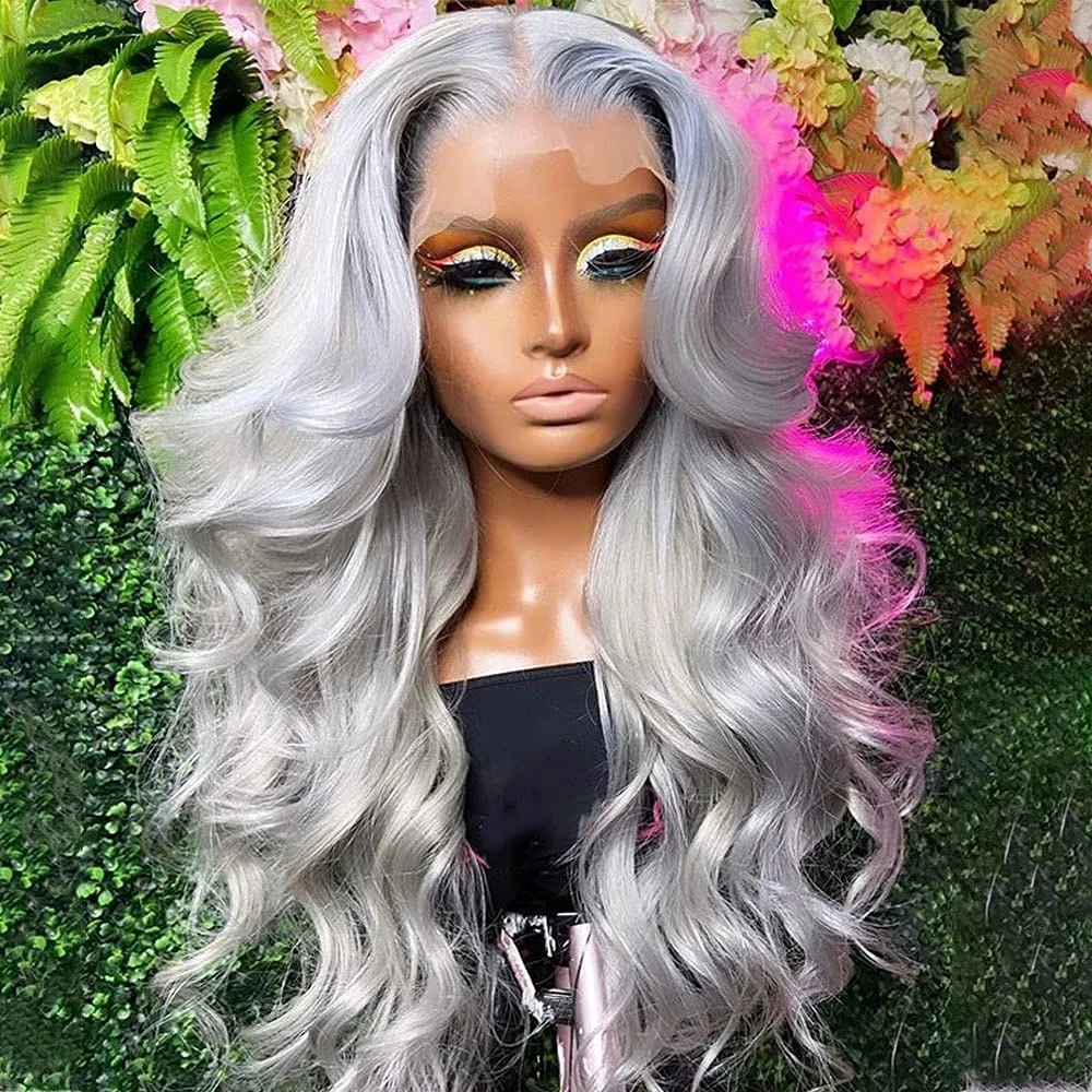 

Gray Body Wave Lace Front Wig Synthetic Grey Wigs for Women 13x4X1 Cheap Lace Wig Middle Part Glueless Heat Resistant Fiber Hair