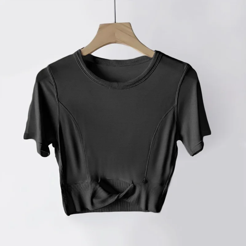 Lu Women Yoga Clothes Cropped Ladies T-Shirt Ribbed Cropped Gym Support Training Short Sleeves Breathable Tops With Logo