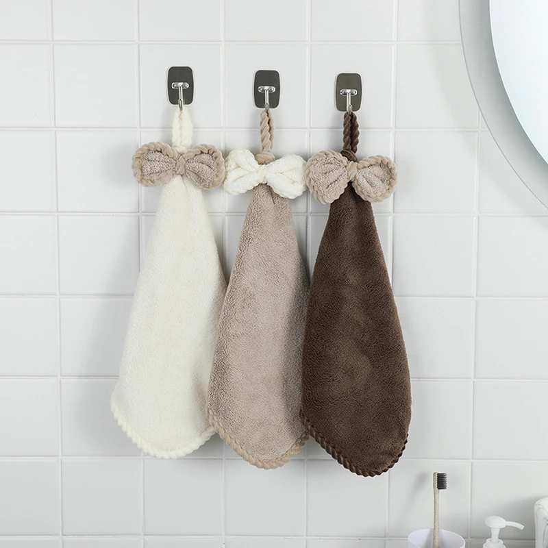 

Bowknot Hand Towels for Kitchen Bathroom Coral Velvet Microfiber Soft Quick Dry Absorbent Cleaning Cloths Home Sauna Terry Towel