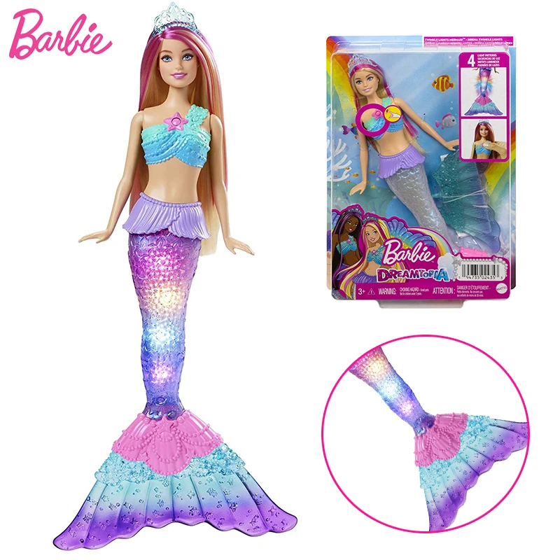 Original Barbie Doll Dreamtopia Mermaid Twinkle Light Princess Dress Accessories Pink-Streaked Hair Toys for Girls Dollhouse Set