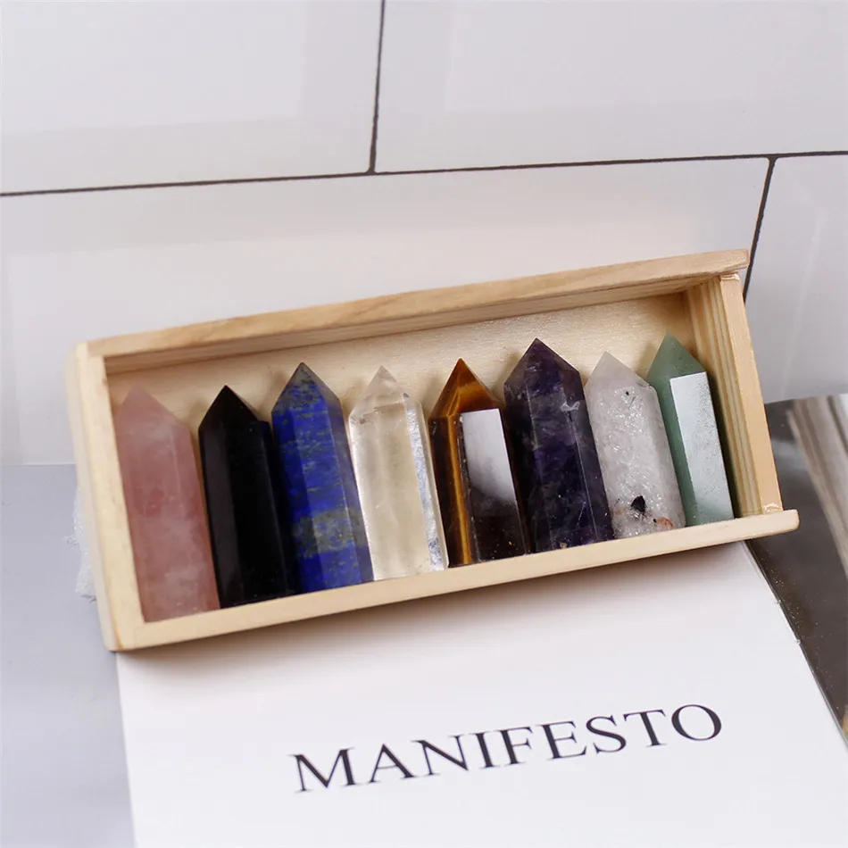 

1set Wooden Box Gift Box High Quality Decorative Natural Hand Carved Crystal Points Quartz Wand Pillar For Sale Healing Wand