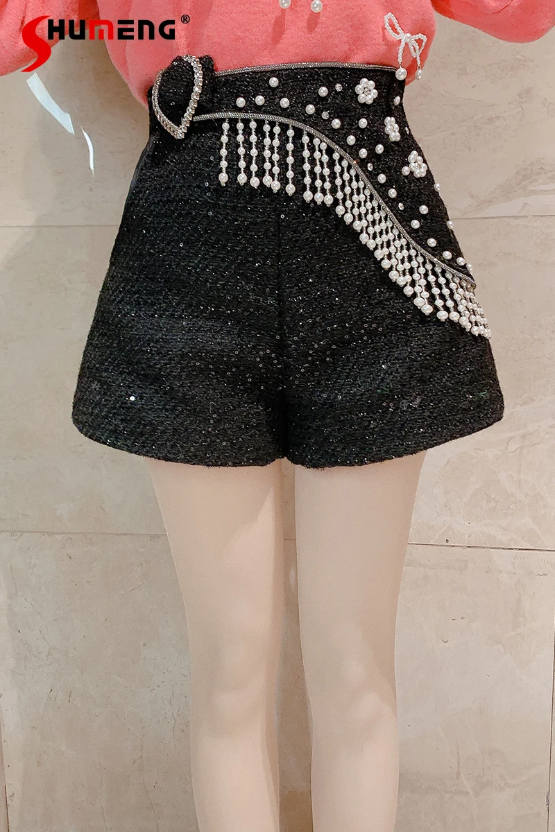 

Новинка Весна 2022 женские милые черные шорты с бахромой из бисера в Корейском стиле темпераментные приталенные яркие шелковые короткие штан...