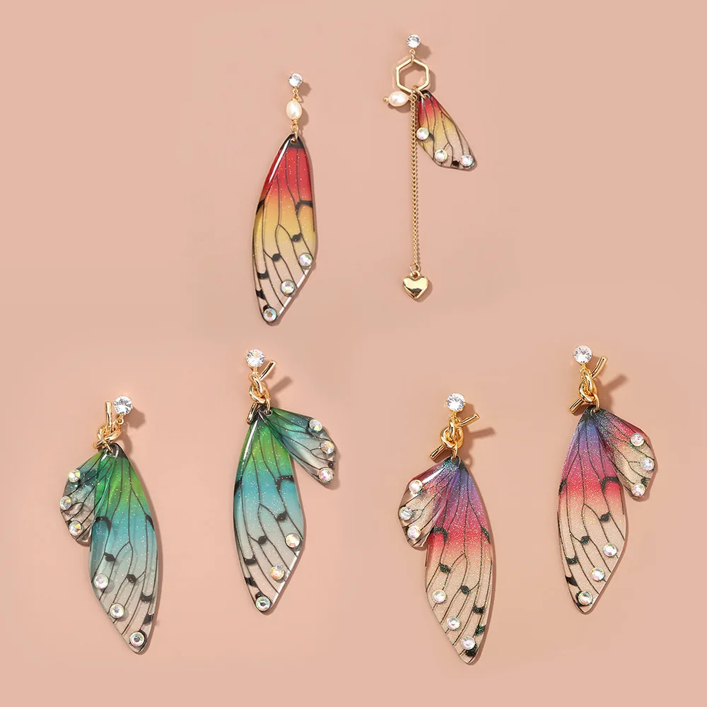 

Beautiful Glittery Transparent Resin Butterfly Wings with AB Crystals Lady`s Fashionable Drop Earring Spring Summer Accessory