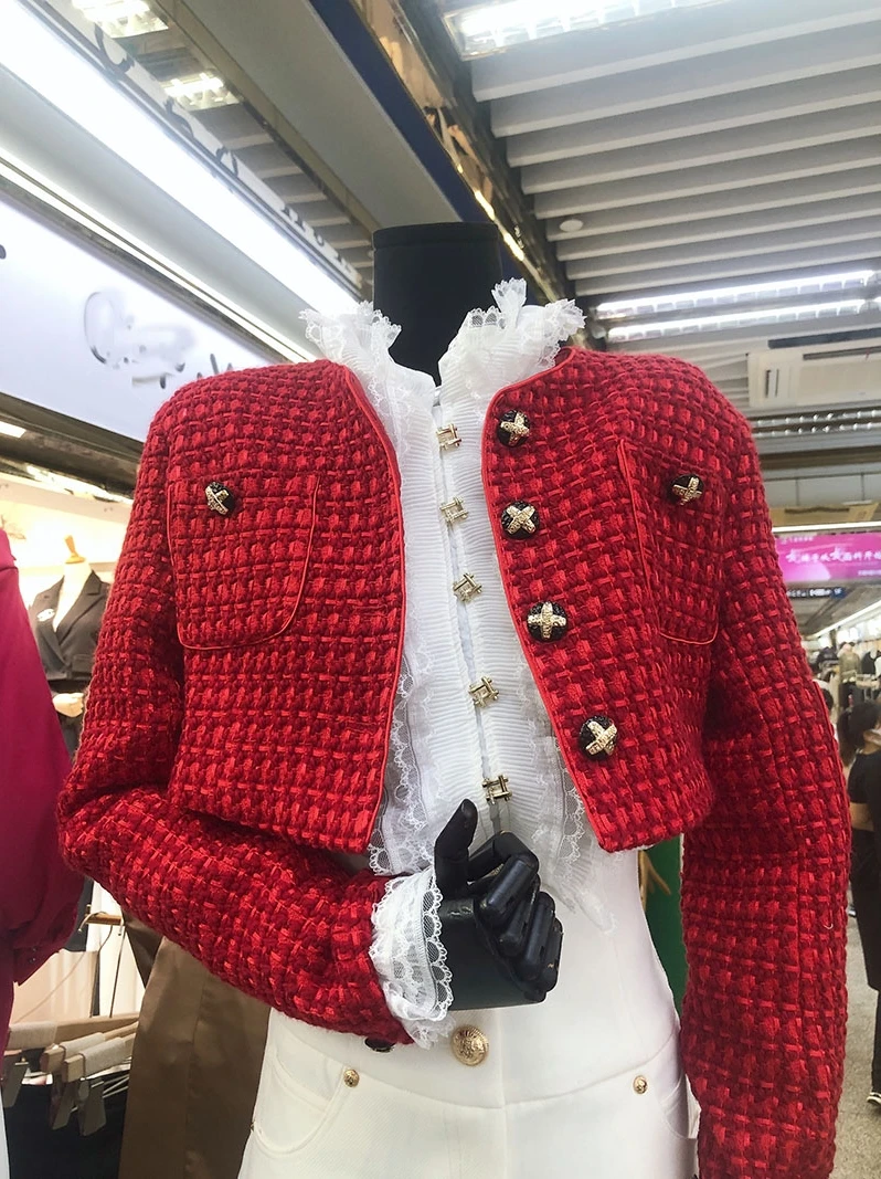 

Socialite Elegant Woman Red Short Coat 2022 Autumn New High-Grade Temperament Round Neck Long Sleeve Breasted Tweed Jackets