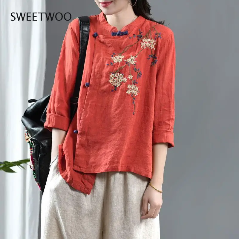 

Spring New Arts Style Women Vintage Button Stand Collar Loose Shirts Cotton Linen Embroidery Blouse Femme Blusas Tide