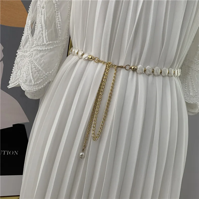 Elegant Tassel Chain Belt Shell Pearl Metal Waist Chain Women's Dress with Slim Belt Fashion Wedding Party Waist Decoration Belt