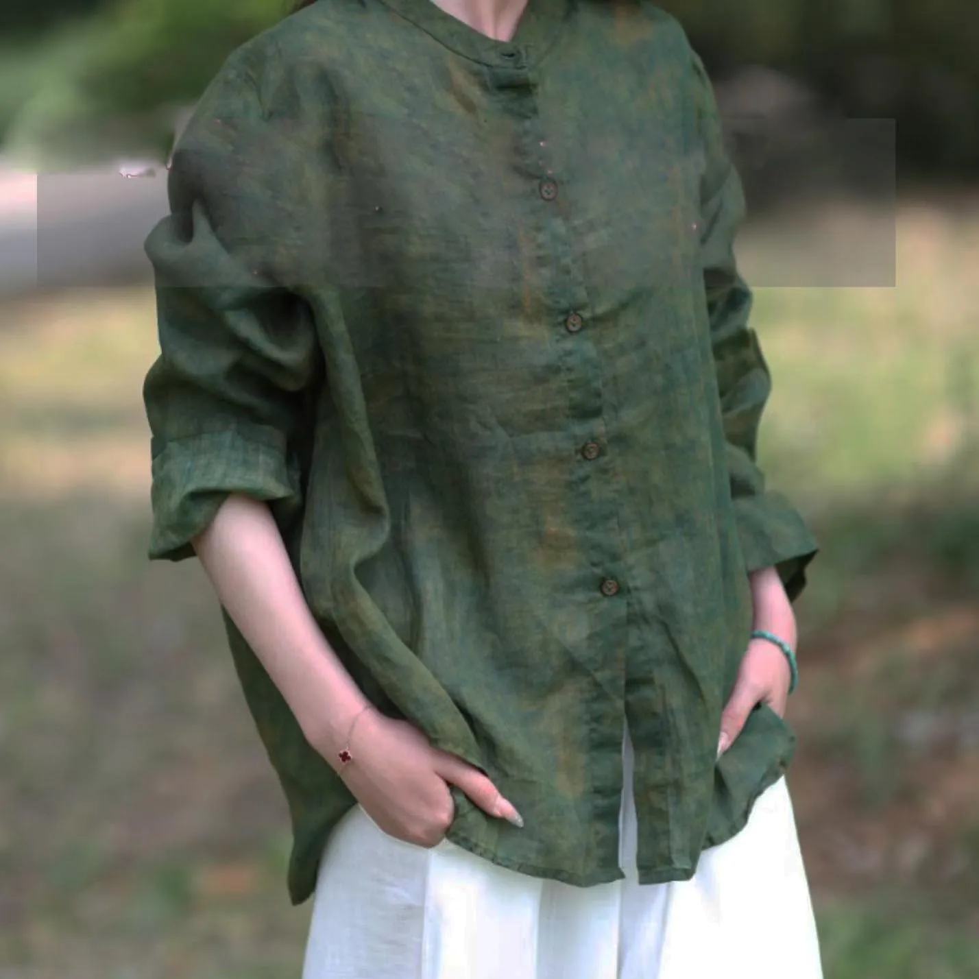 Ранняя осень оригинальный дизайн свободная тонкая рубашка Ramie с длинными