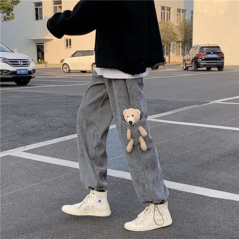 

Prowow Spring Autumn New Men Corduroy Pants Streetwear Joggers Solid 2021 Drawstring Vintage Small Bear Loose Trousers S-3XL