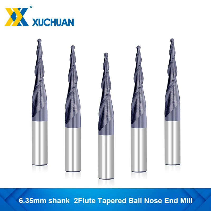 

R0.25-R1.0 2Flute Tapered Ball Nose End Mill CNC Machine Router Bit 1/4"Shank Carbide Endmills for Wood Milling Cutter