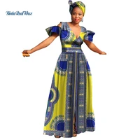 new custom african wax print dresses for women bazin riche long v neck dress with headwrap african style clothing party wy3314