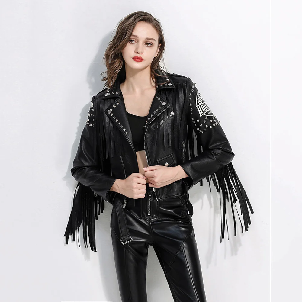 

New Women Moto and Biker Leather Coat Spring Autumn 2022 Fashion Free Personality Rivet Tassels Punk Motorcycle Leather Jacket