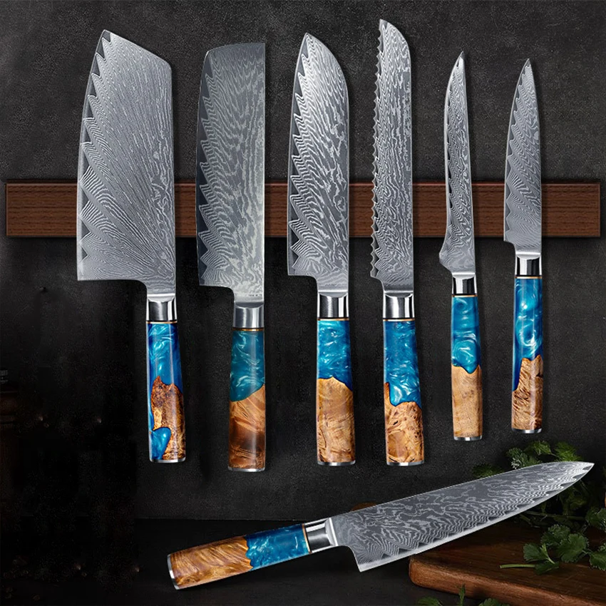 

Damascus Kitchen Knife Chef Japanese Knife High Carbon Steel Butcher Knives Utility Slicing Santoku Cooking with Resin Handle