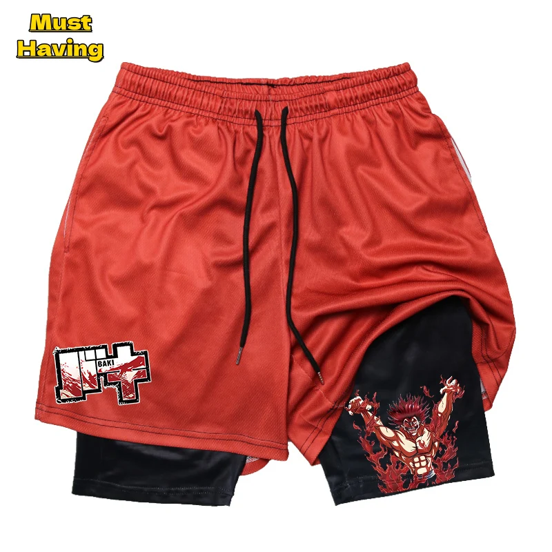 

Baki Hanma Anime 2 In 1 Gym Shorts for Men Quick Dry Stretchy Board Shorts Male Summer Bodybuilding Fitness Running Short Pants