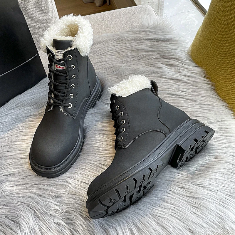 New Women's Boots Warm Plush Ladies Shoes Leather Lace Up Thick-soled Square Chunky Heel Snow Boots Ladies Mid Calf Boots