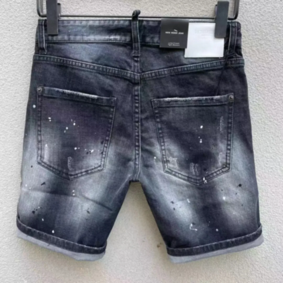 2023 Spring/Summer New D2 Jeans Fashion Men's Washed and Worn Hole Patch Paint Slim Fit Micro Elastic Denim Shorts Men
