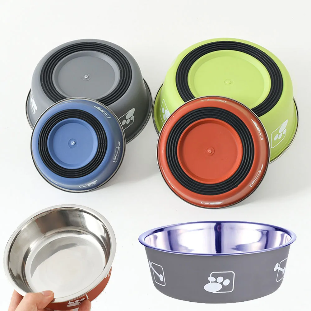 

Silicone Anti-Slip Pet Bowl Durable Stainless Steel Dog Basin Dog Rice Bowl Feeder Drinker Dog Accessories Cute Printed Cat Bowl