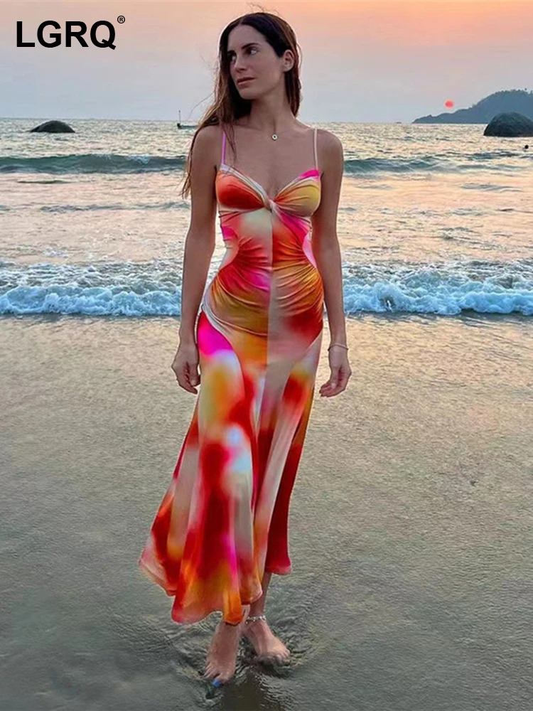 

LGRQ модное роскошное платье с принтом Тонкое облегающее платье без застежек 2023 летние пляжные праздничные платья на бретелях элегантные пикантные новые длинные 19F1258