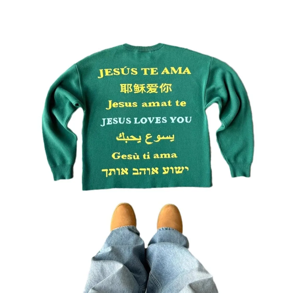 Y2k пуловер с длинными рукавами и круглым вырезом вязаный вручную мультяшным