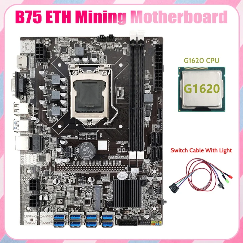 B75 ETH Mining Motherboard 8XPCIE USB Adapter+G1620 CPU+Switch Cable With Light LGA1155 DDR3 B75 USB Miner Motherboard