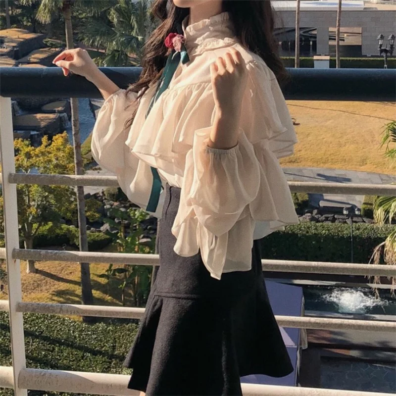 Женская шифоновая блузка с длинными рукавами-фонариками, элегантная рубашка с воротником-стойкой, оборками и завязкой на пуговицах, корейский стиль, осень 2022