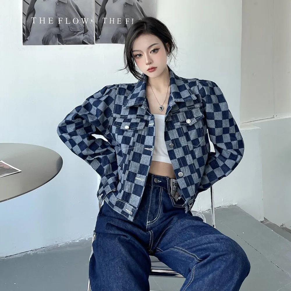 

Spring Harajuku Plaid Short Women Denim Jacket Vintage Casual Big Pocket Loose Long Sleeve Casual Jeans Jacket Female Autumn New
