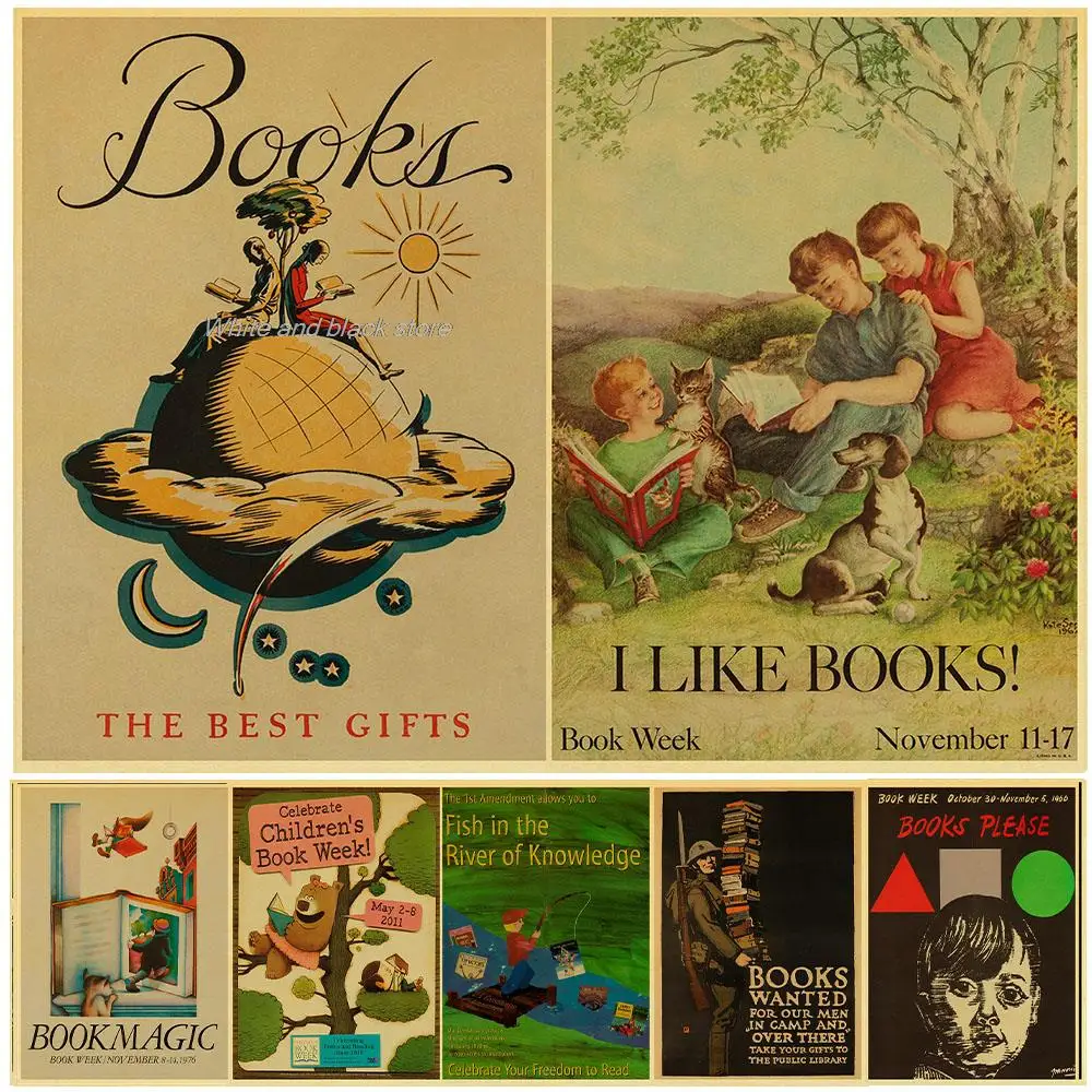 

Vintage Book Week Reading Posters Retro Wall Kraft Picture for Living Room Painting Room Decoration