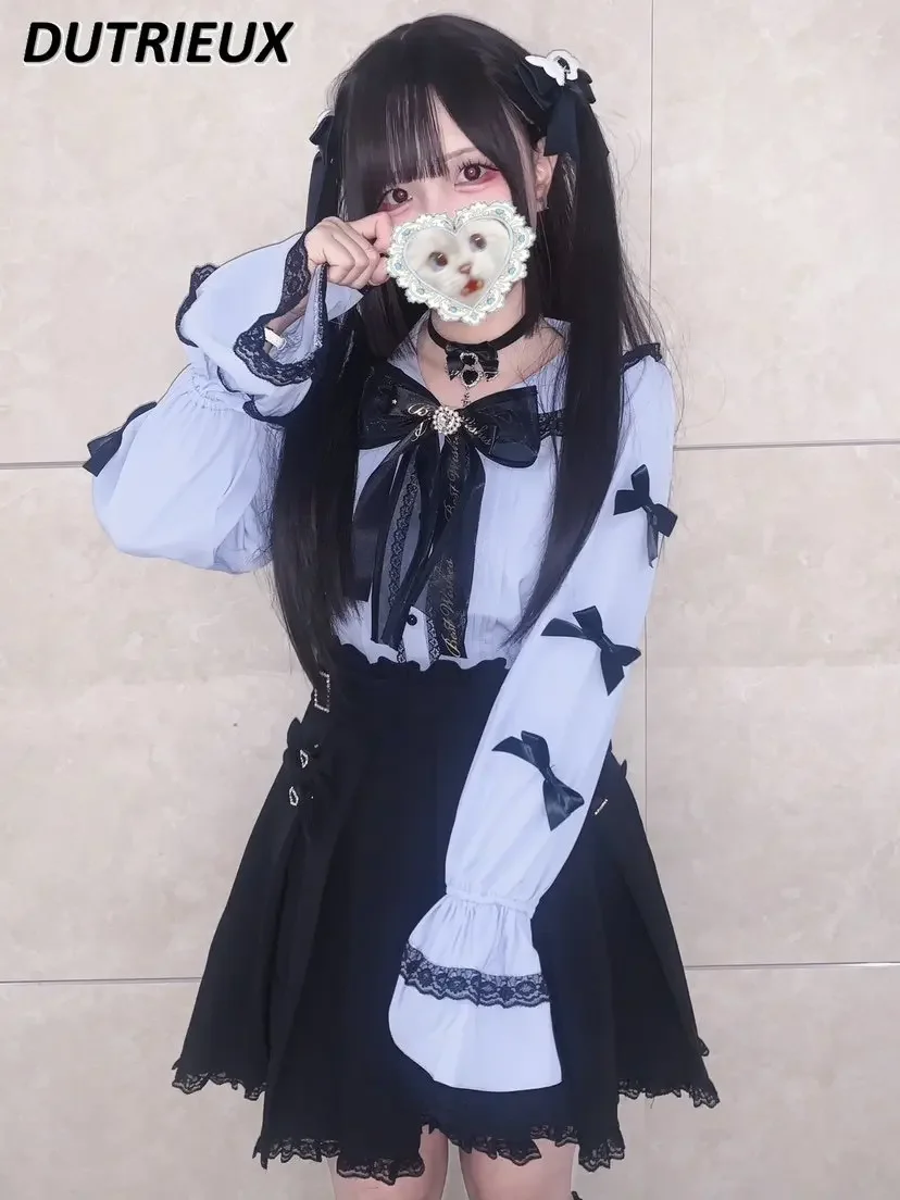 

Mine Mass-Produced Double-Layer Princess Long Sleeve Tops women Lace Bow Sailor Collar Shirt Japanese Style Lolita Sweet Blouse