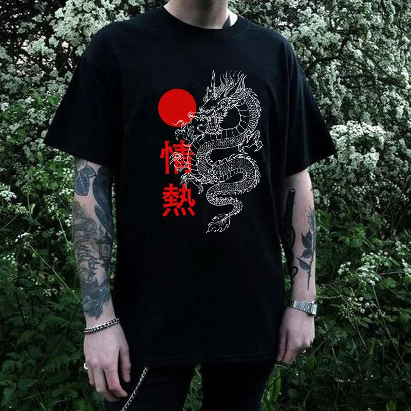 

Dragon Sun Print Unisex T Shirt Japanese Style Harajuku Streetwear Tshirt Summer Cotton Oversized Top Vintage Clothes Grunge
