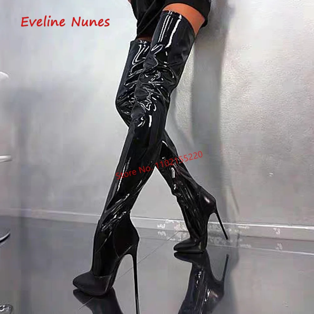 Red Sexy Over The Knee Boots Women's Patent Leather Side Zipper Pointed Toe Stiletto Heel Fashion Plus Size Elastic Shoes